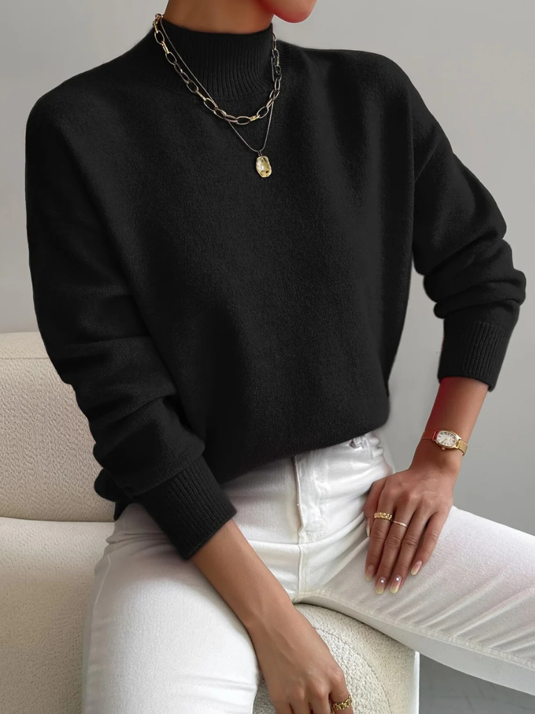 Pull uni col montant pour femme, coloris noir