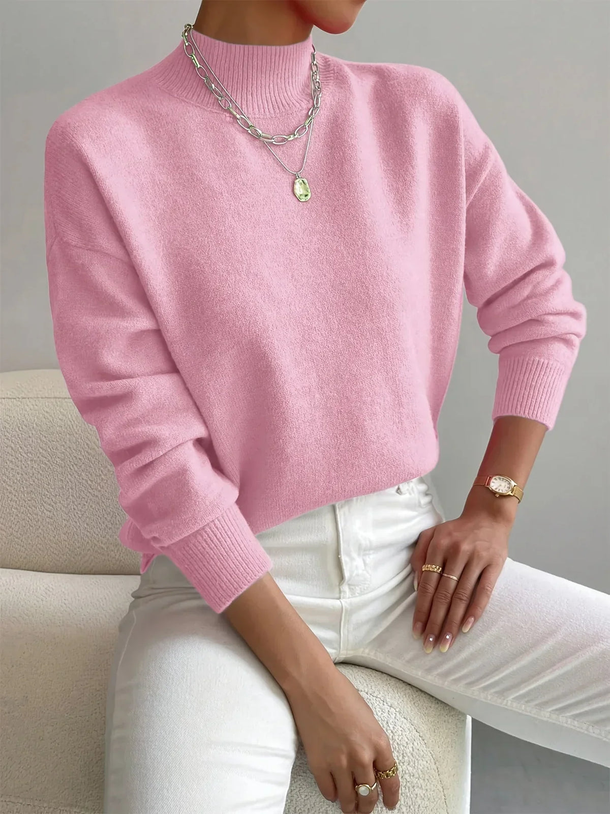 Pull uni col montant pour femme, coloris rose
