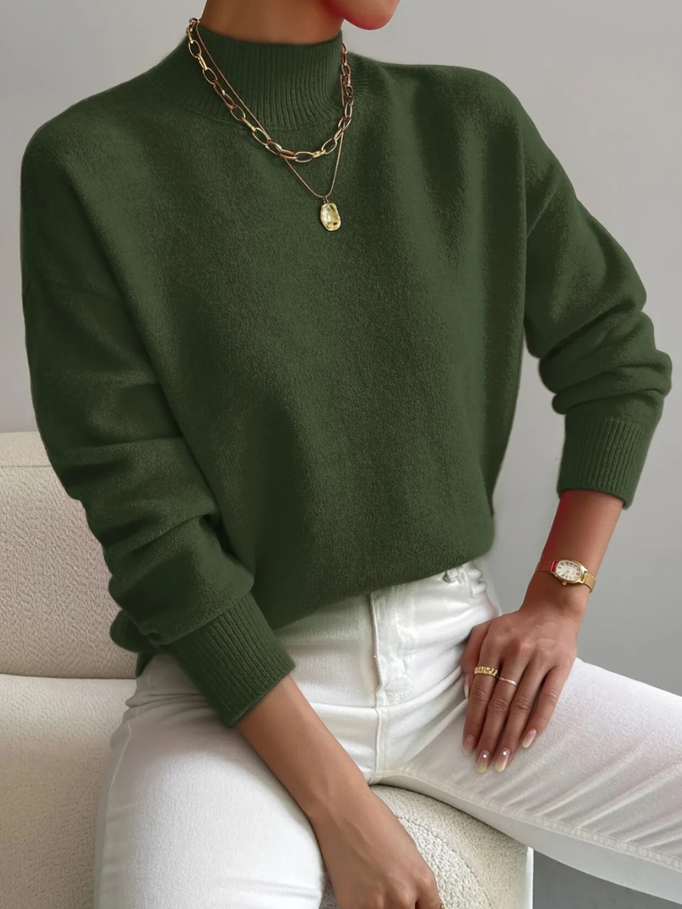 Pull uni col montant pour femme, coloris vert