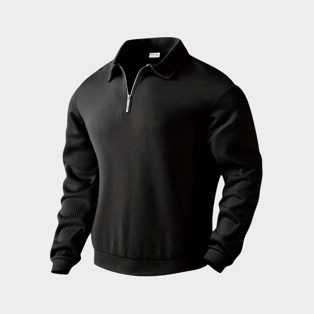 Pull à col polo noir à motif géométrique en relief, vue de face
