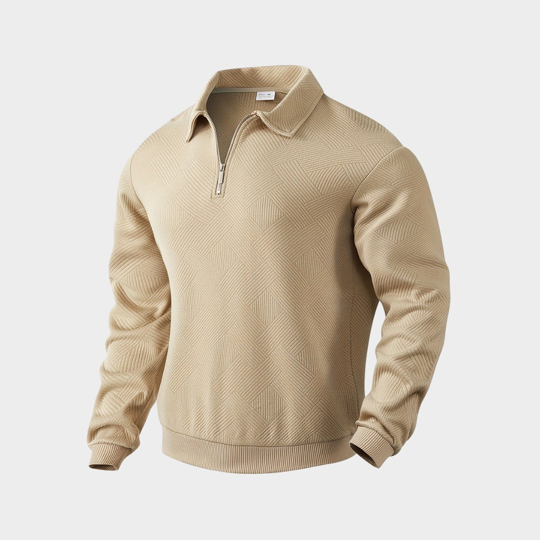 Pull à col polo kaki à motif géométrique en relief, vue de face