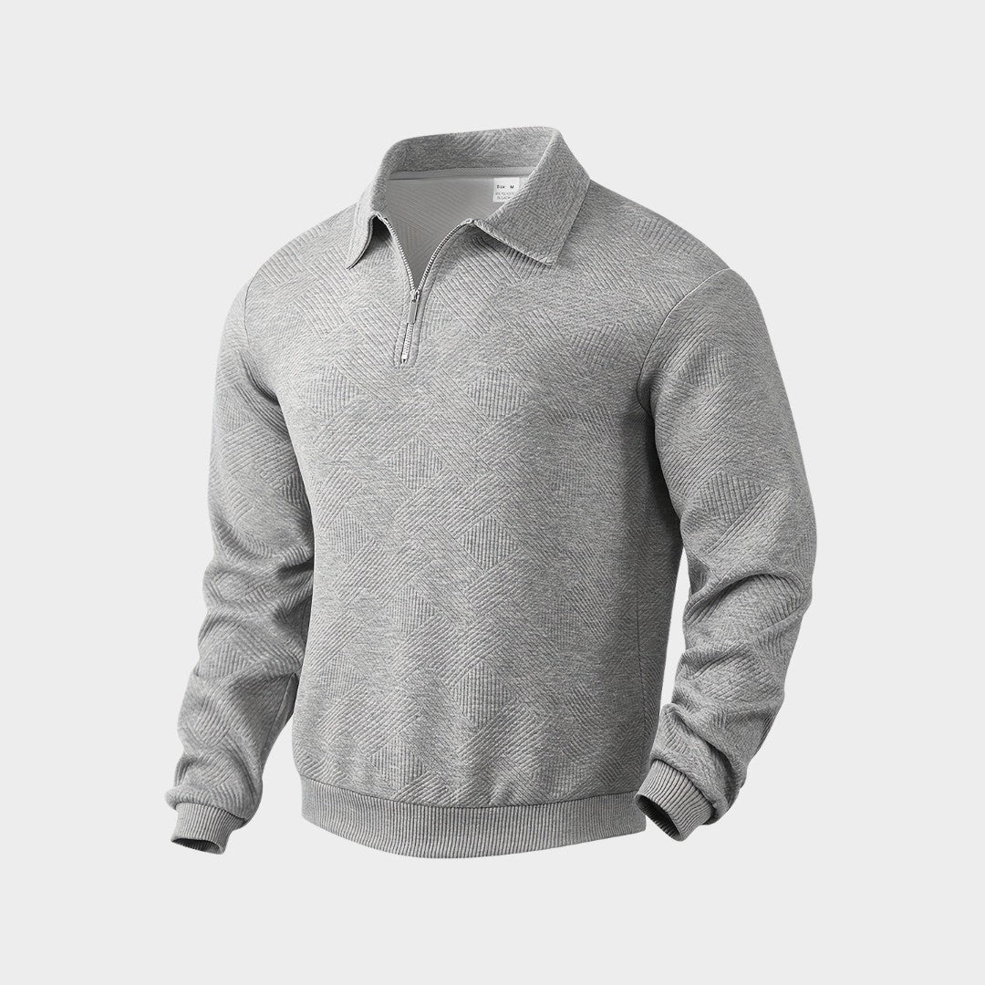 Pull à col polo gris chiné à motif géométrique, vue de face