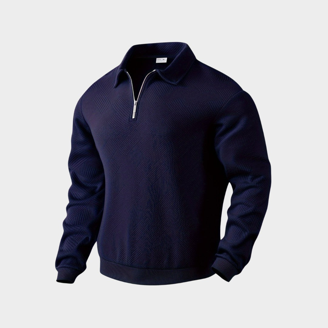 Pull à col polo bleu marine à motif géométrique, vue de face