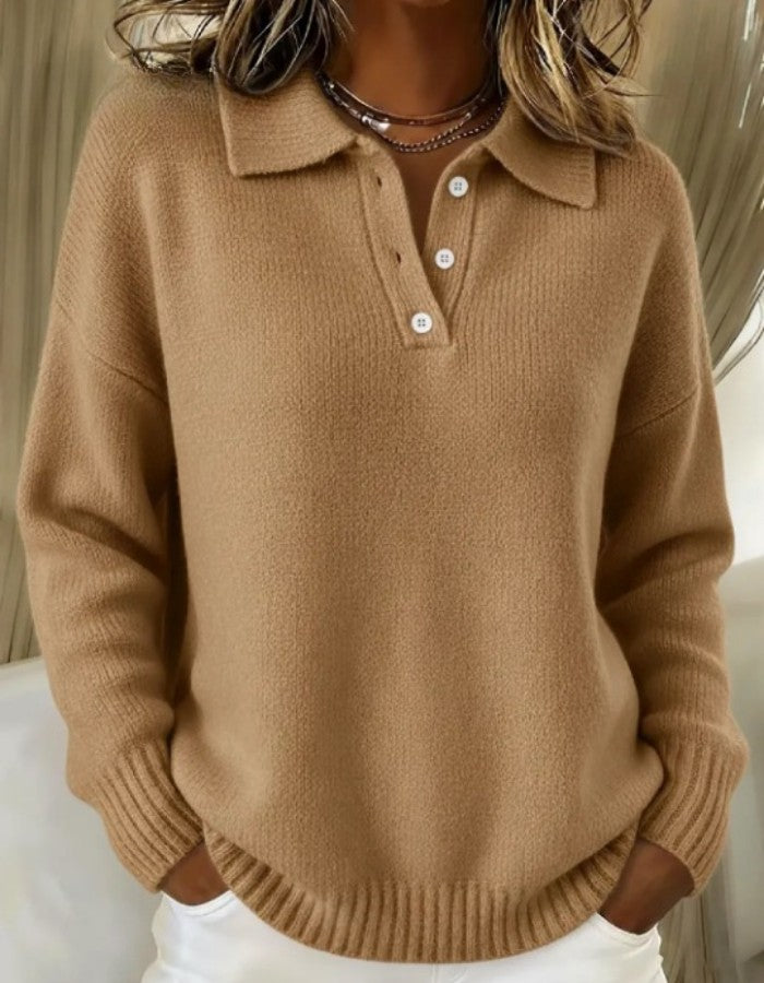 Pull col polo boutonné, coloris camel, vue de face