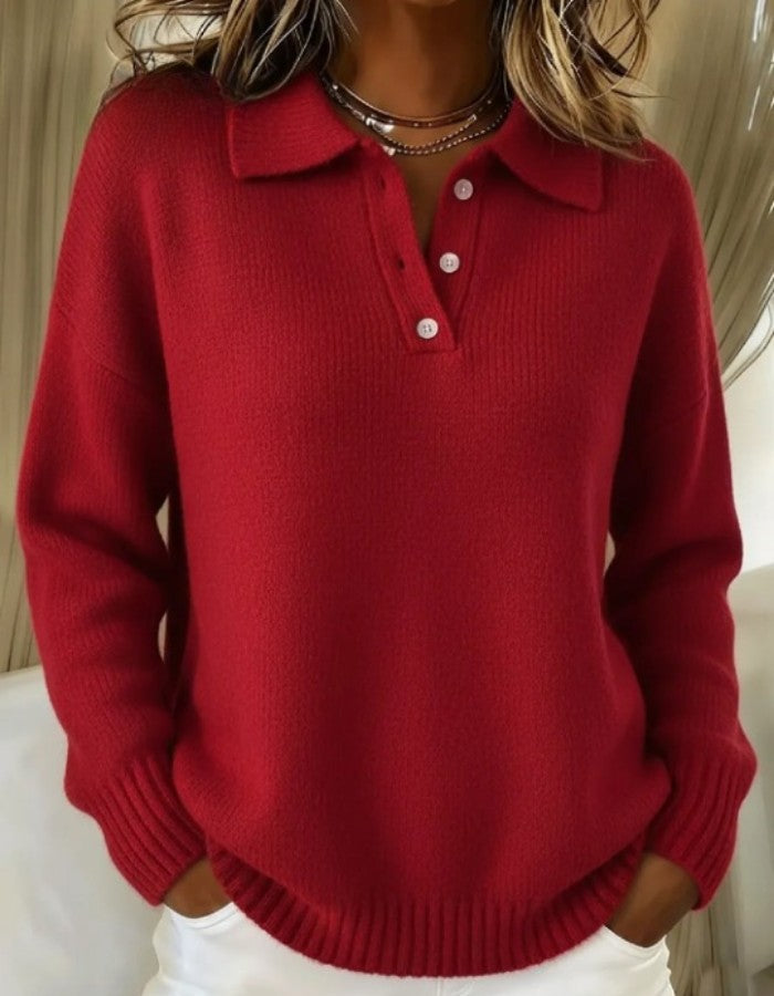 Pull col polo boutonné, coloris rouge, vue de face