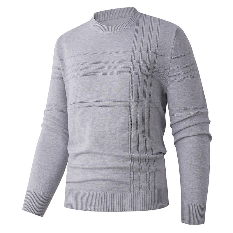 Pull col rond à relief, coloris gris clair, présenté à plat