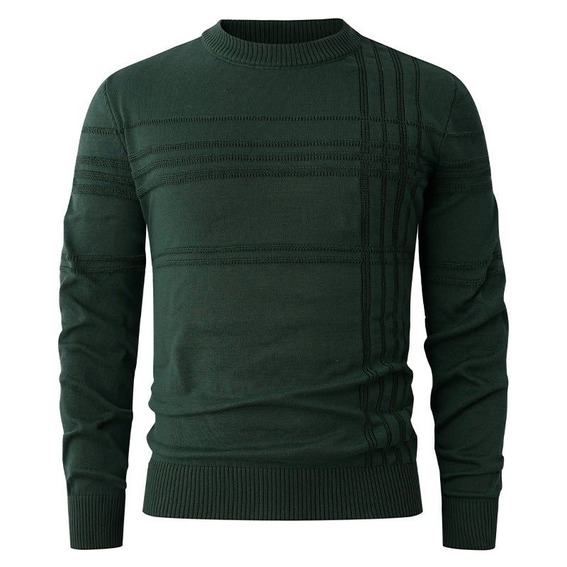 Pull col rond à relief, coloris vert forêt, présenté à plat