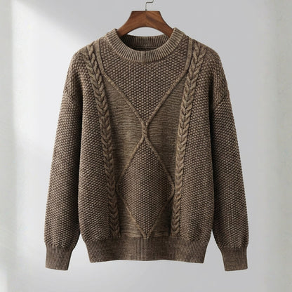 Pull brun taupe à col rond en maille torsadée, motif losange et bas côtelé