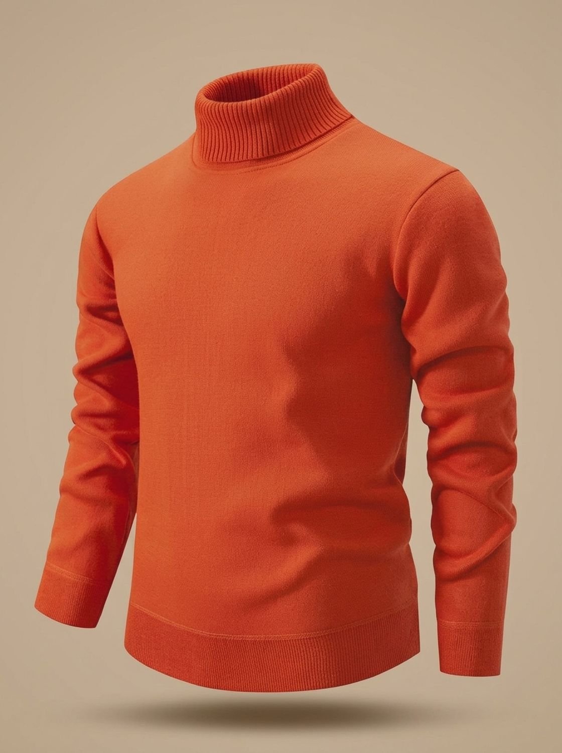 Pull col roulé orange en maille fine, vue de trois quarts