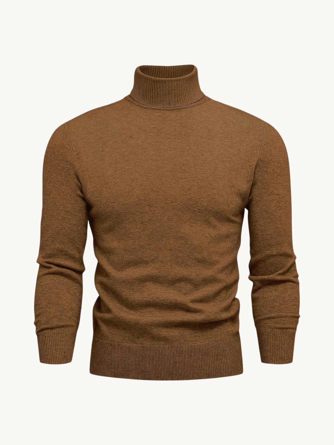 Pull col roulé camel chiné, tricot côtelé aux poignets et bas