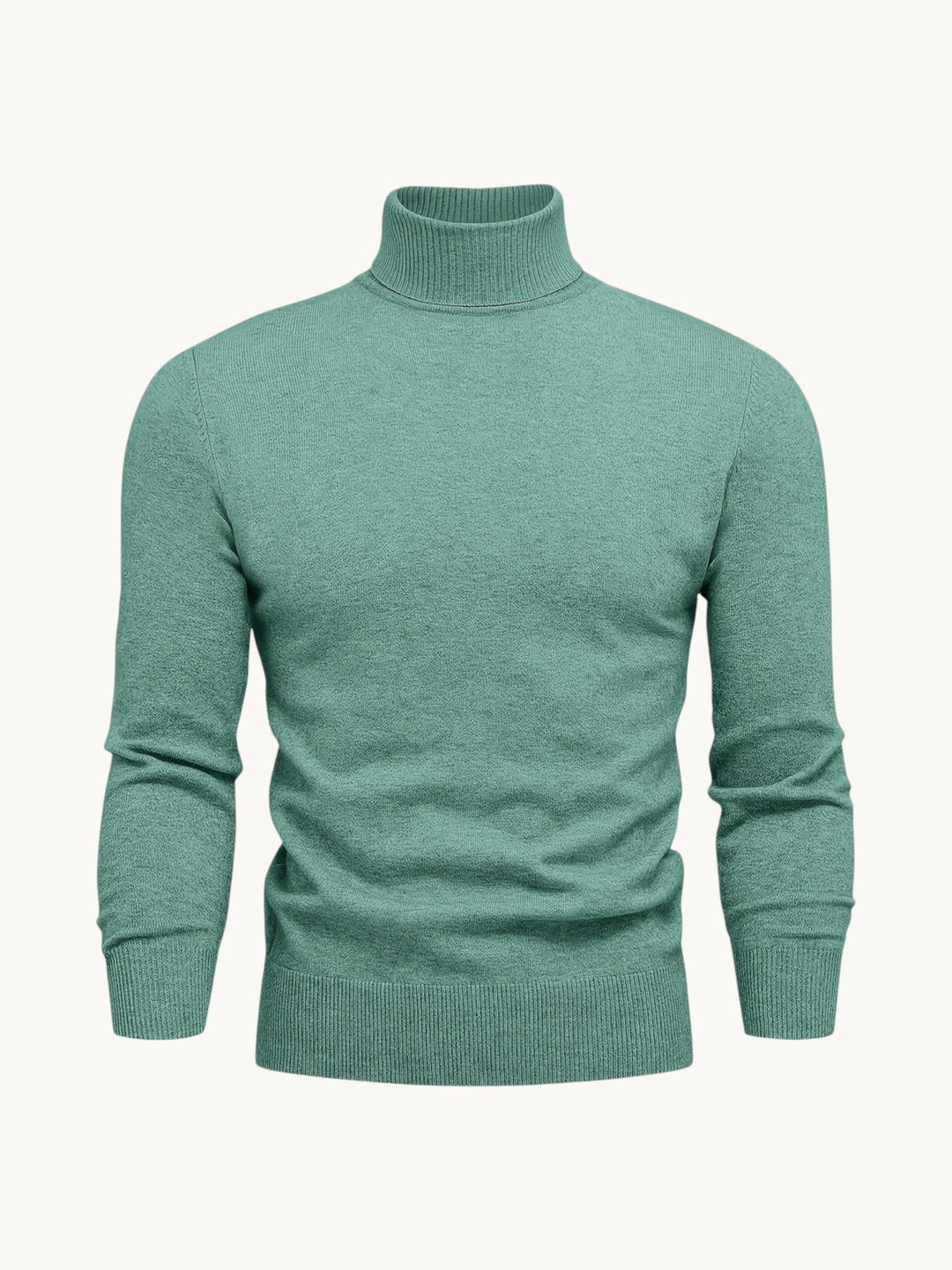 Pull à col roulé vert sauge, maille fine côtelée avec manches longues