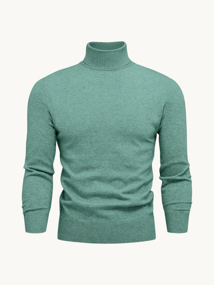 Pull à col roulé vert sauge, maille fine côtelée avec manches longues