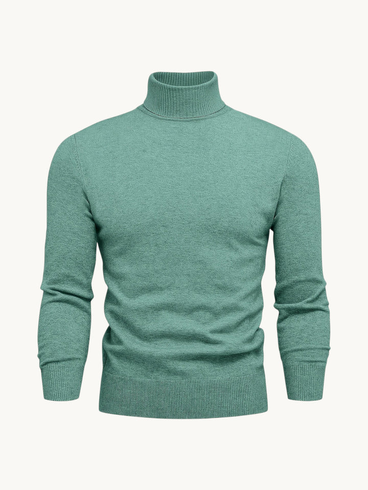 Pull à col roulé vert sauge, maille fine côtelée avec manches longues