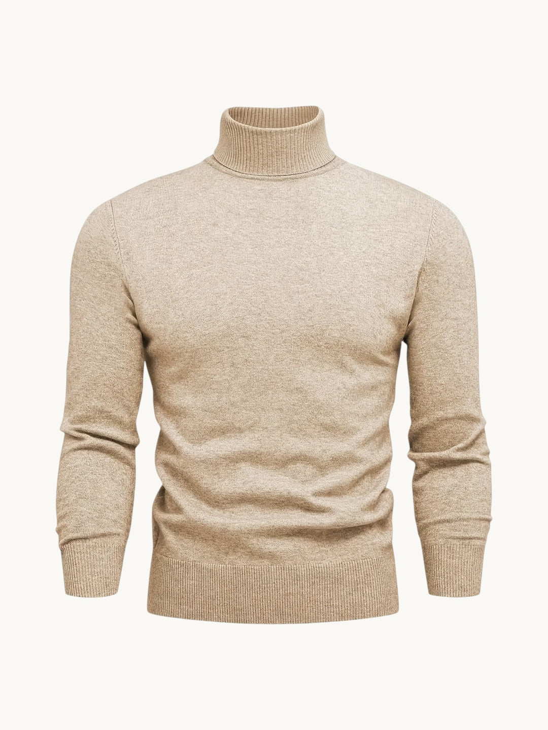 Pull col roulé côtelé beige chiné, manches longues avec côtes aux poignets et bas