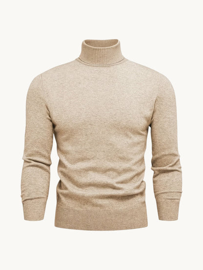 Pull col roulé côtelé beige chiné, manches longues avec côtes aux poignets et bas
