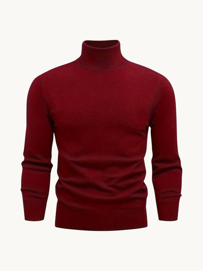 Pull à col roulé bordeaux, tricot côtelé avec manches repliées