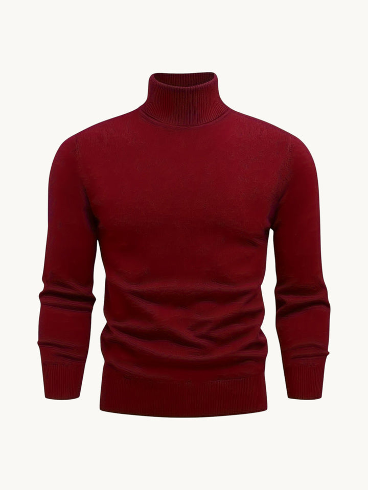 Pull à col roulé bordeaux, tricot côtelé avec manches repliées