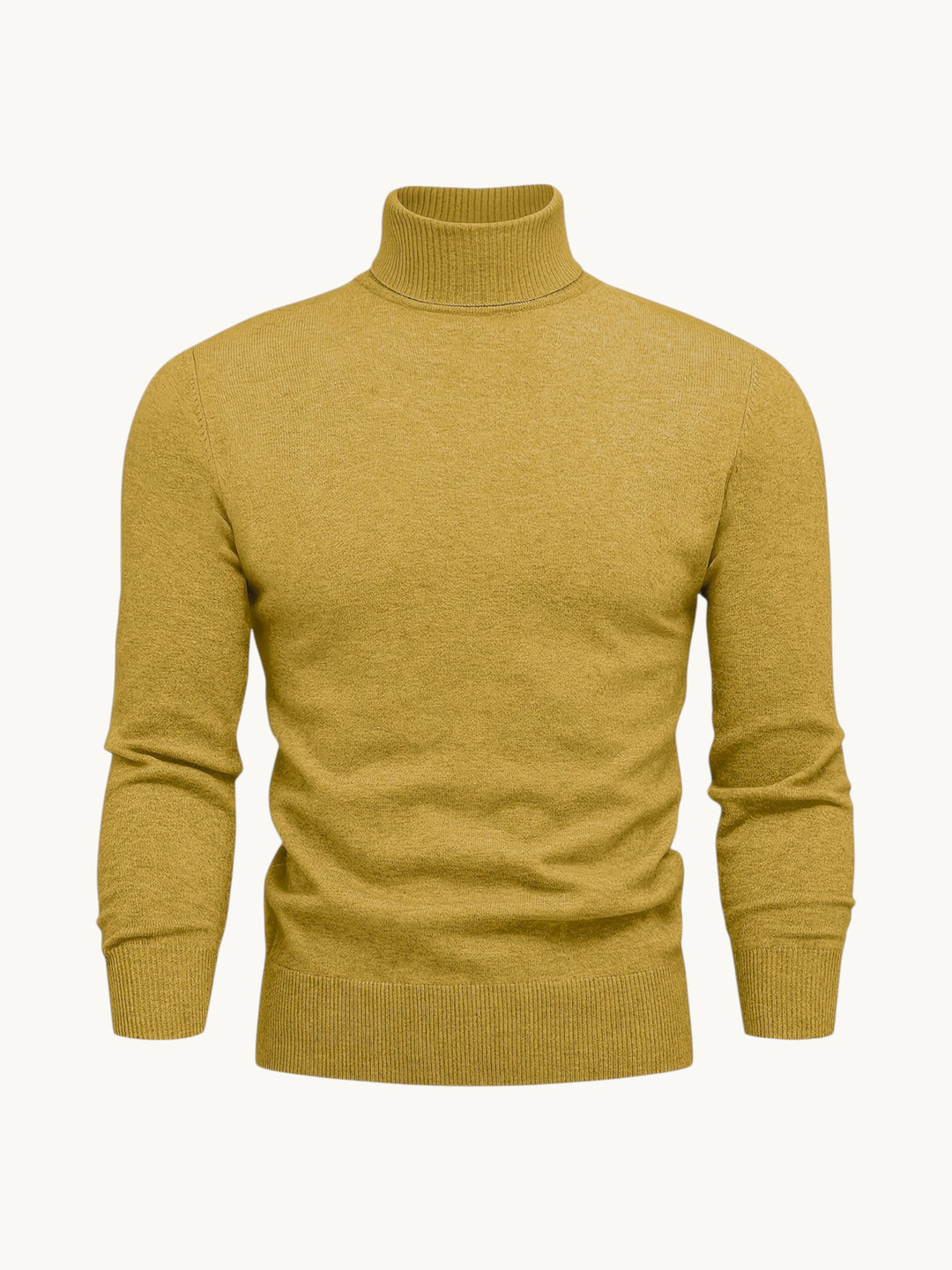 Pull col roulé jaune moutarde à côtes fines, vue de face