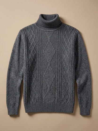 Pull col roulé gris anthracite torsadé posé à plat, vue de face