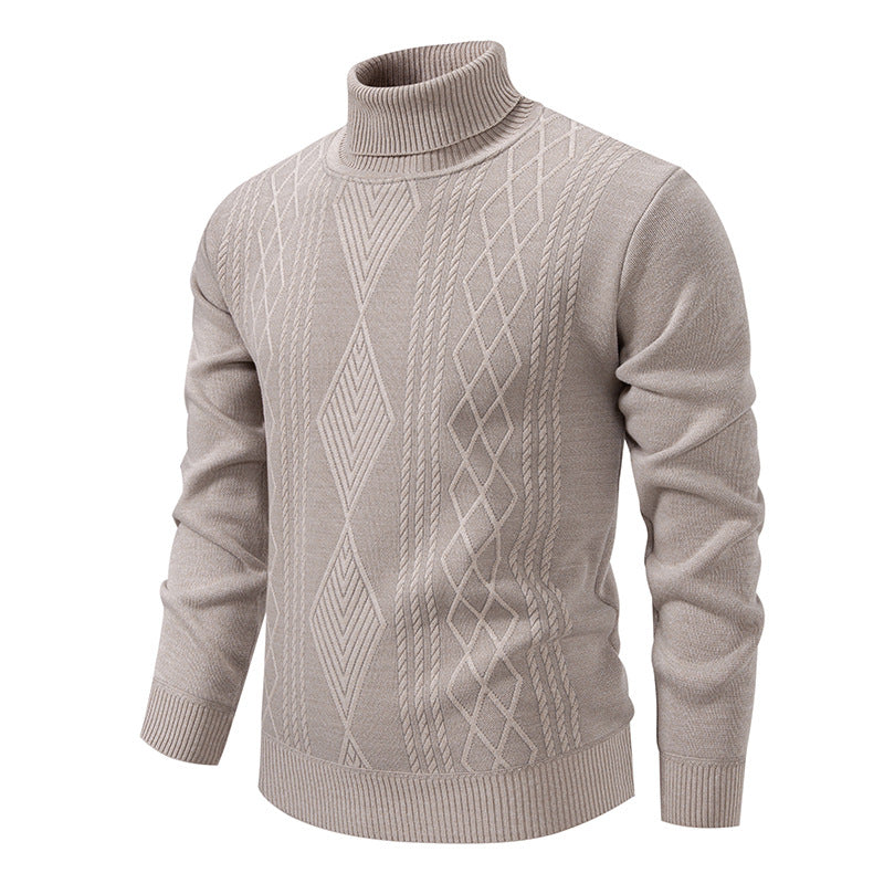 Pull col roulé à losanges, coloris beige, présenté à plat