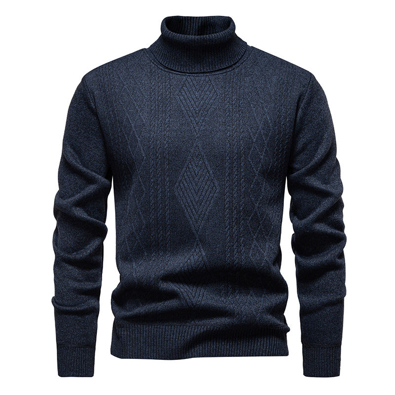 Pull col roulé à losanges, coloris bleu marine, présenté à plat, vue 2