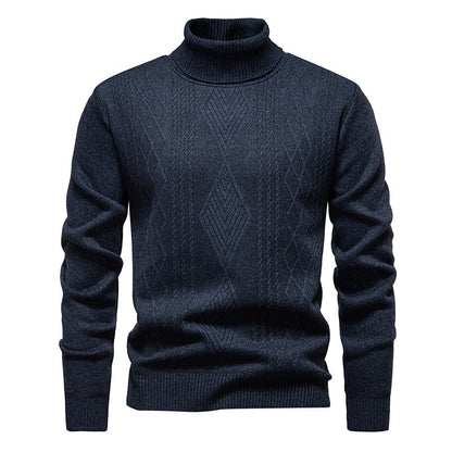 Pull col roulé à losanges, coloris bleu marine, présenté à plat, vue 2