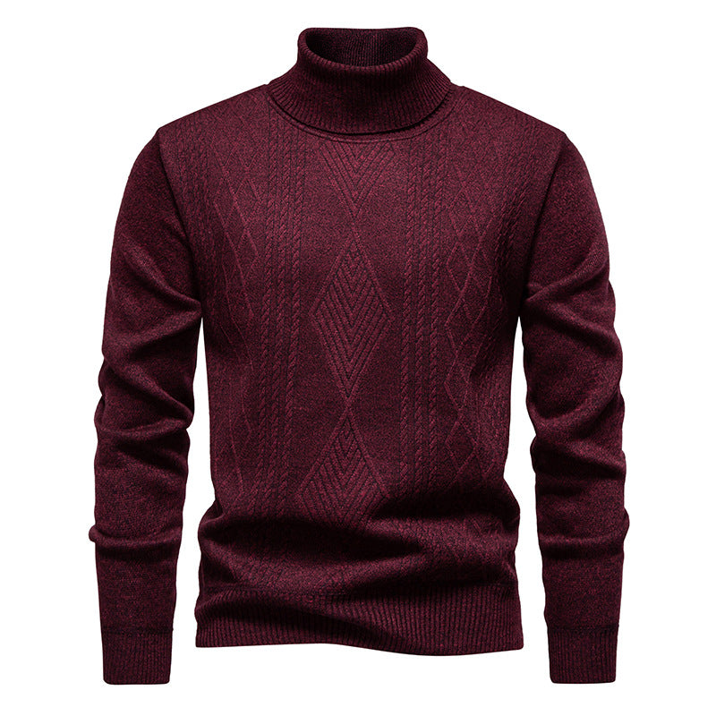Pull col roulé à losanges, coloris bordeaux, présenté à plat, vue 2