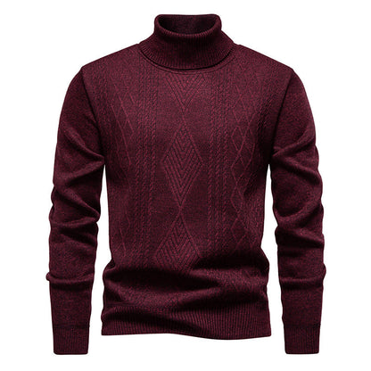Pull col roulé à losanges, coloris bordeaux, présenté à plat, vue 2