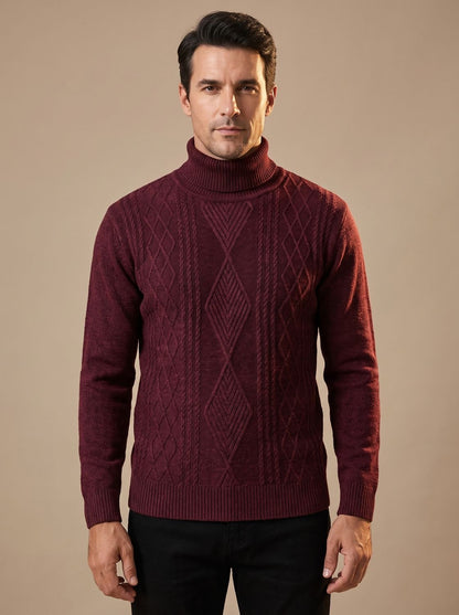 Pull col roulé torsadé bordeaux porté par un homme, vue de face