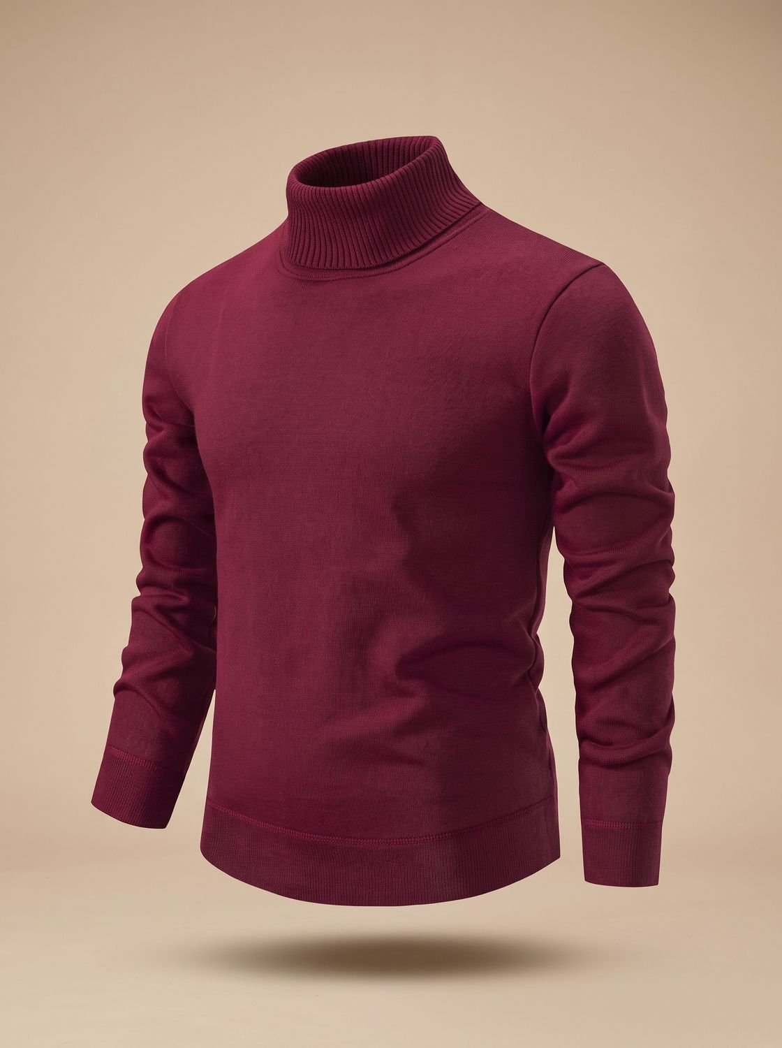 Pull col roulé bordeaux pour homme, vue de trois quarts