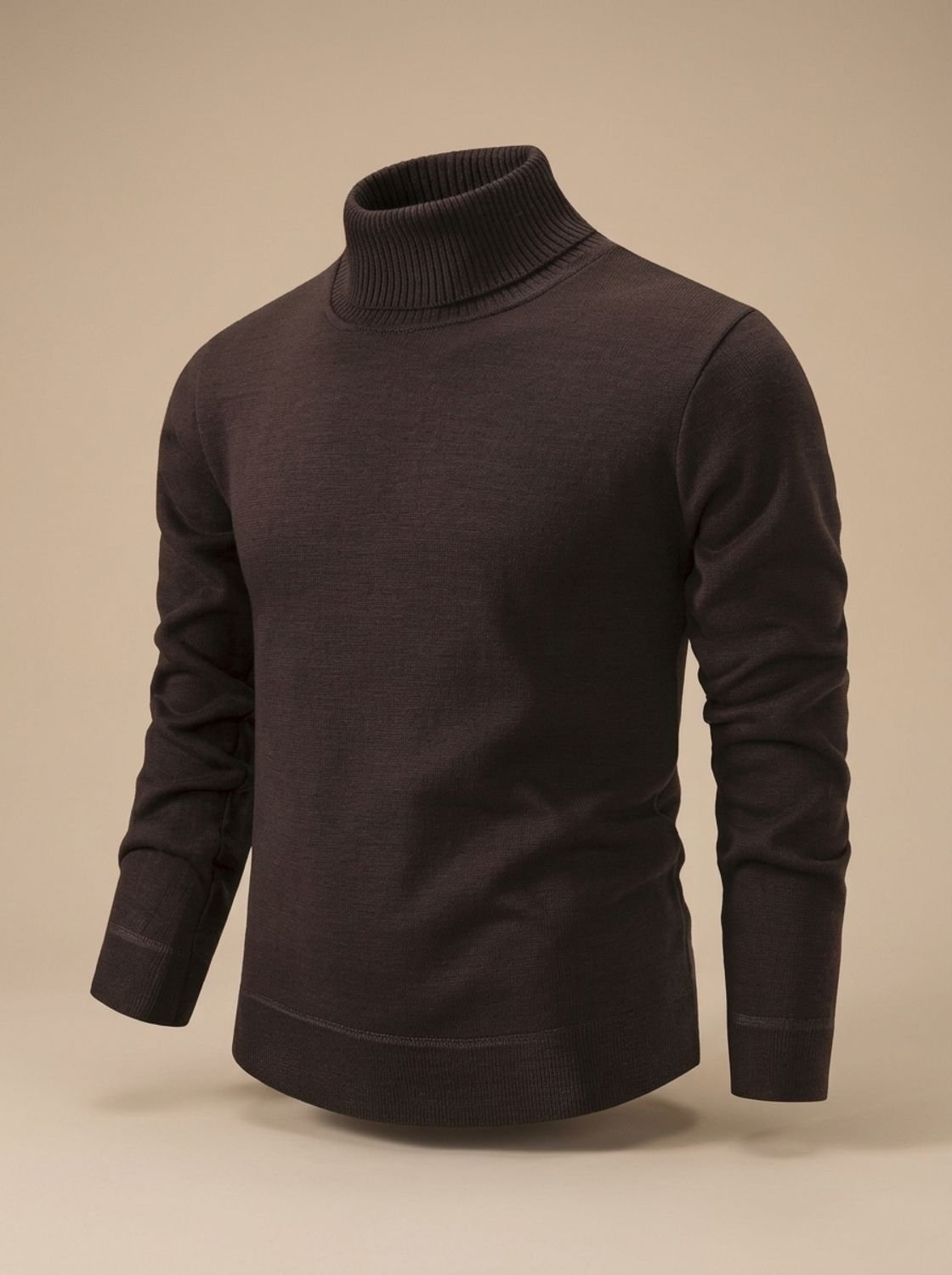 Pull col roulé brun café pour homme, poignets en côtes