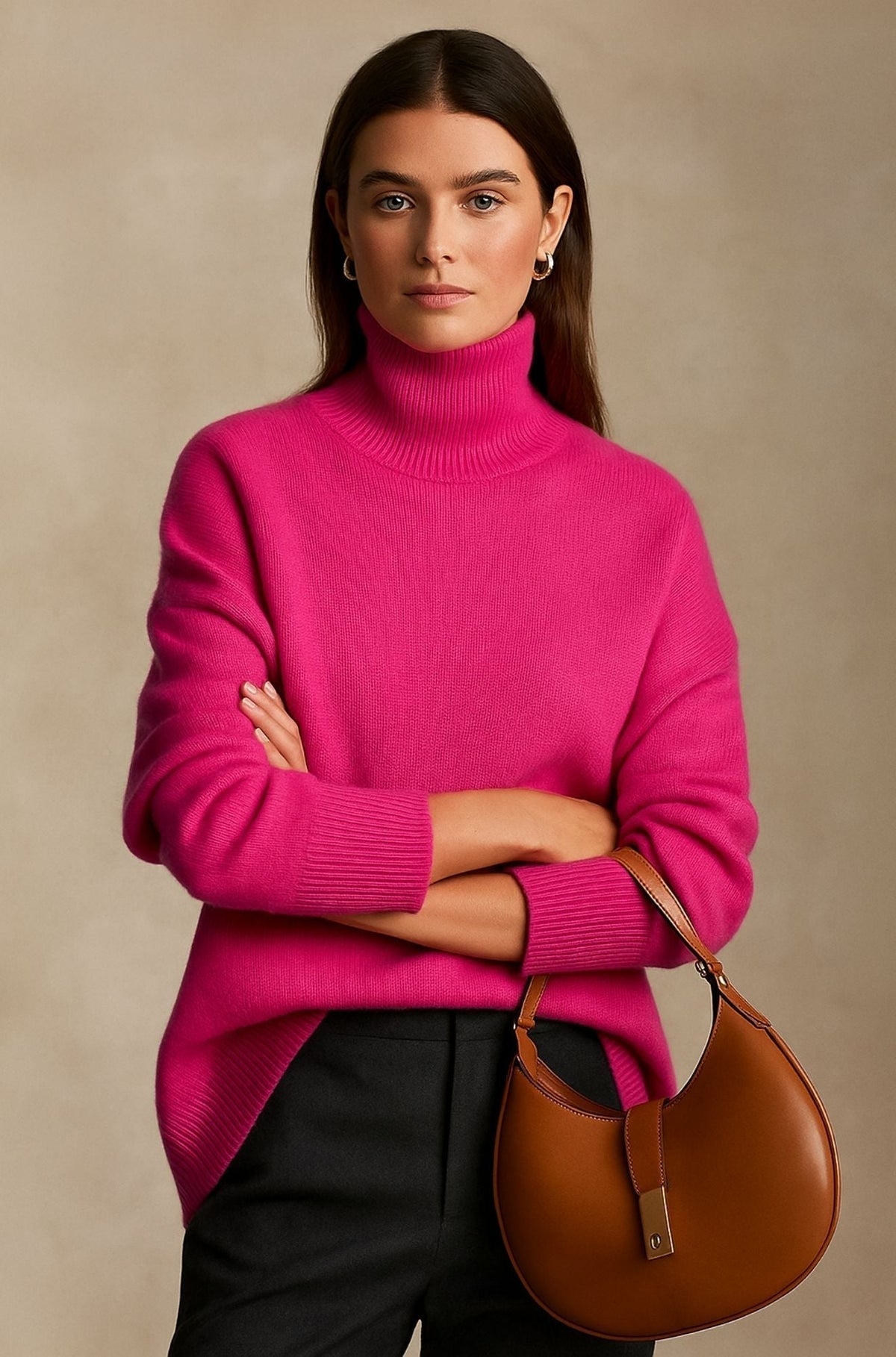 Pull col roulé rose foncé en maille fine, porté avec un pantalon noir