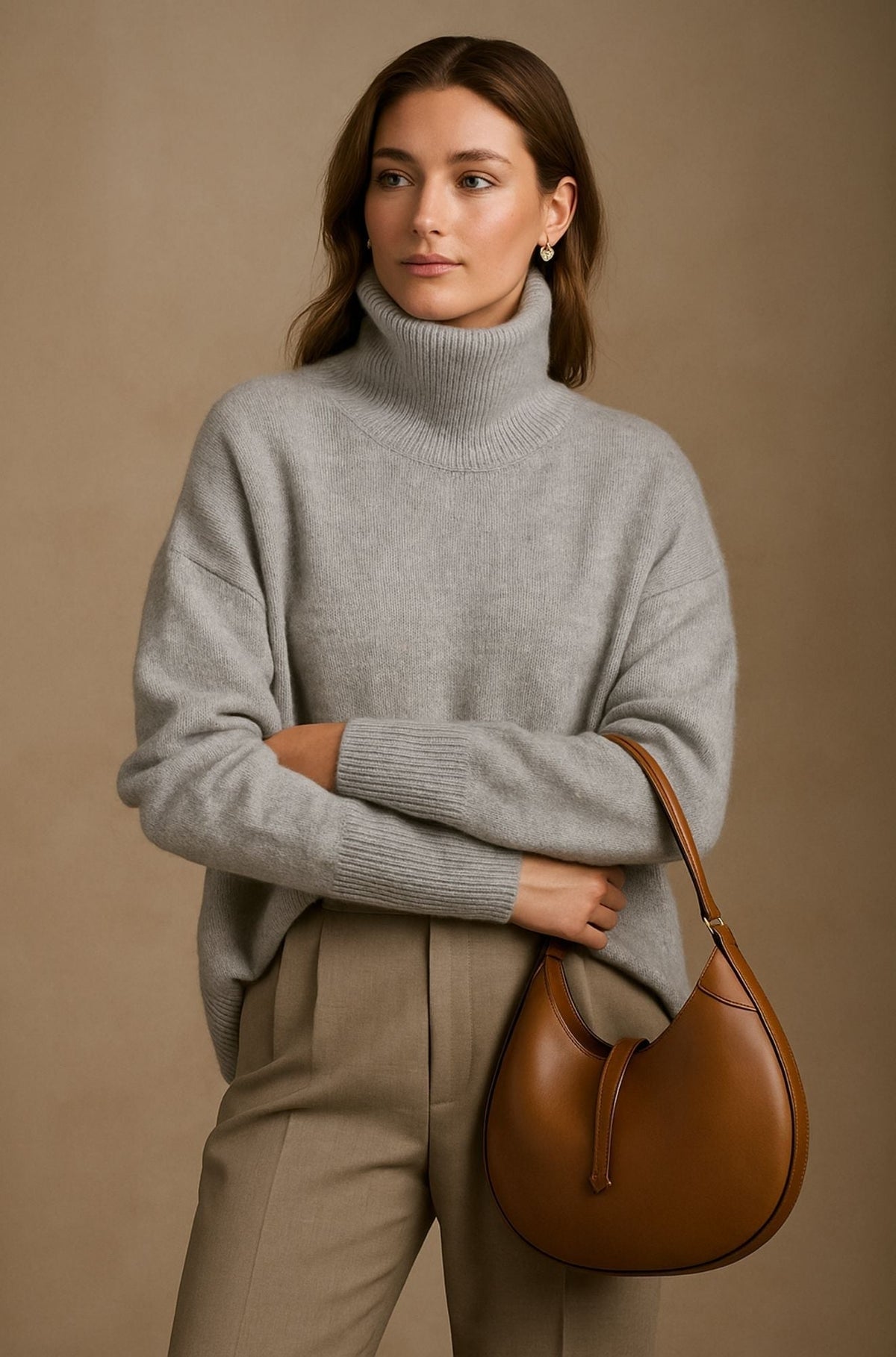 Pull col roulé gris en maille fine, porté avec un pantalon taupe