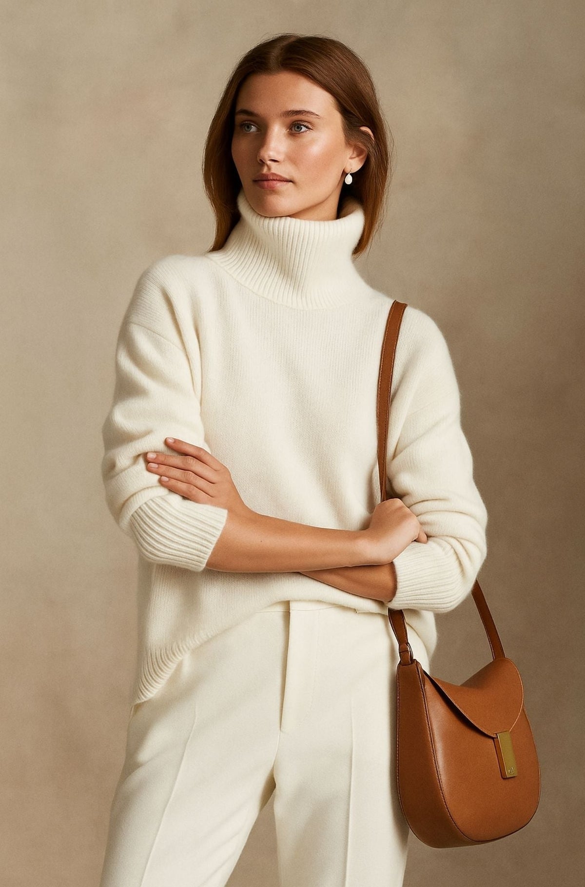 Pull col roulé ivoire en maille fine, porté avec un pantalon blanc