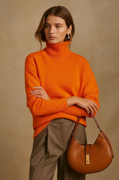 Pull col roulé orange en maille fine, porté avec un pantalon taupe
