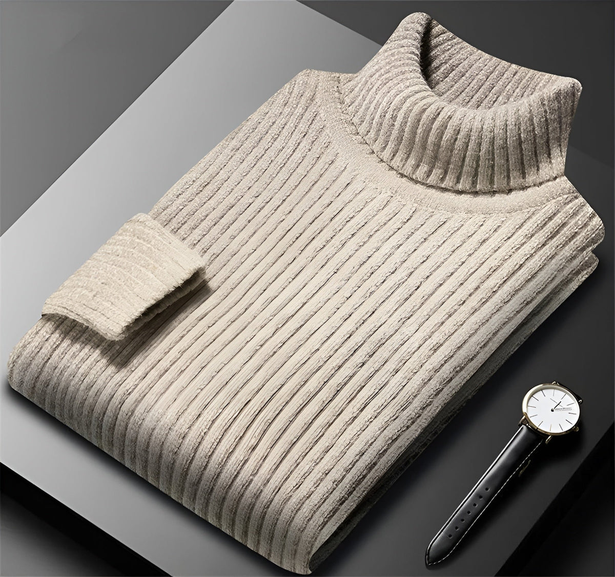 Pull col roulé côtelé, beige