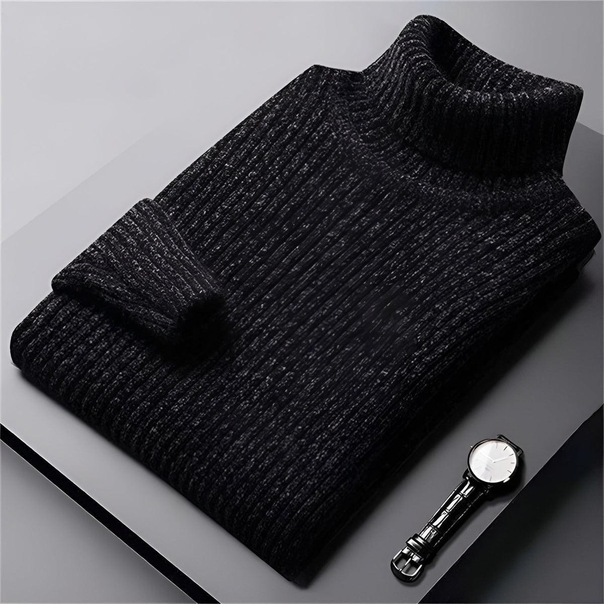 Pull col roulé côtelé, noir