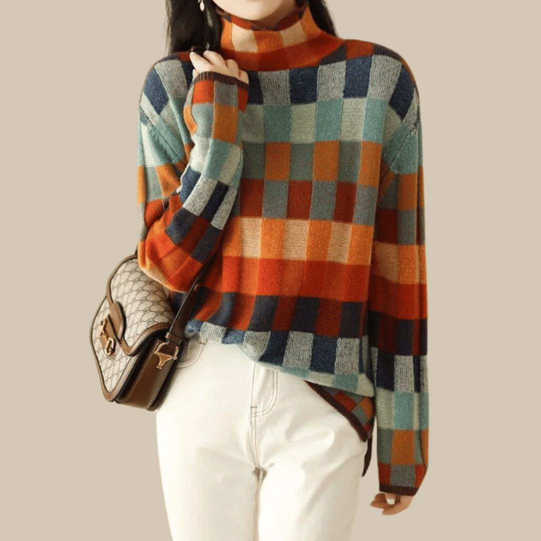 Pull damier col roulé pour femme, coloris multicolore