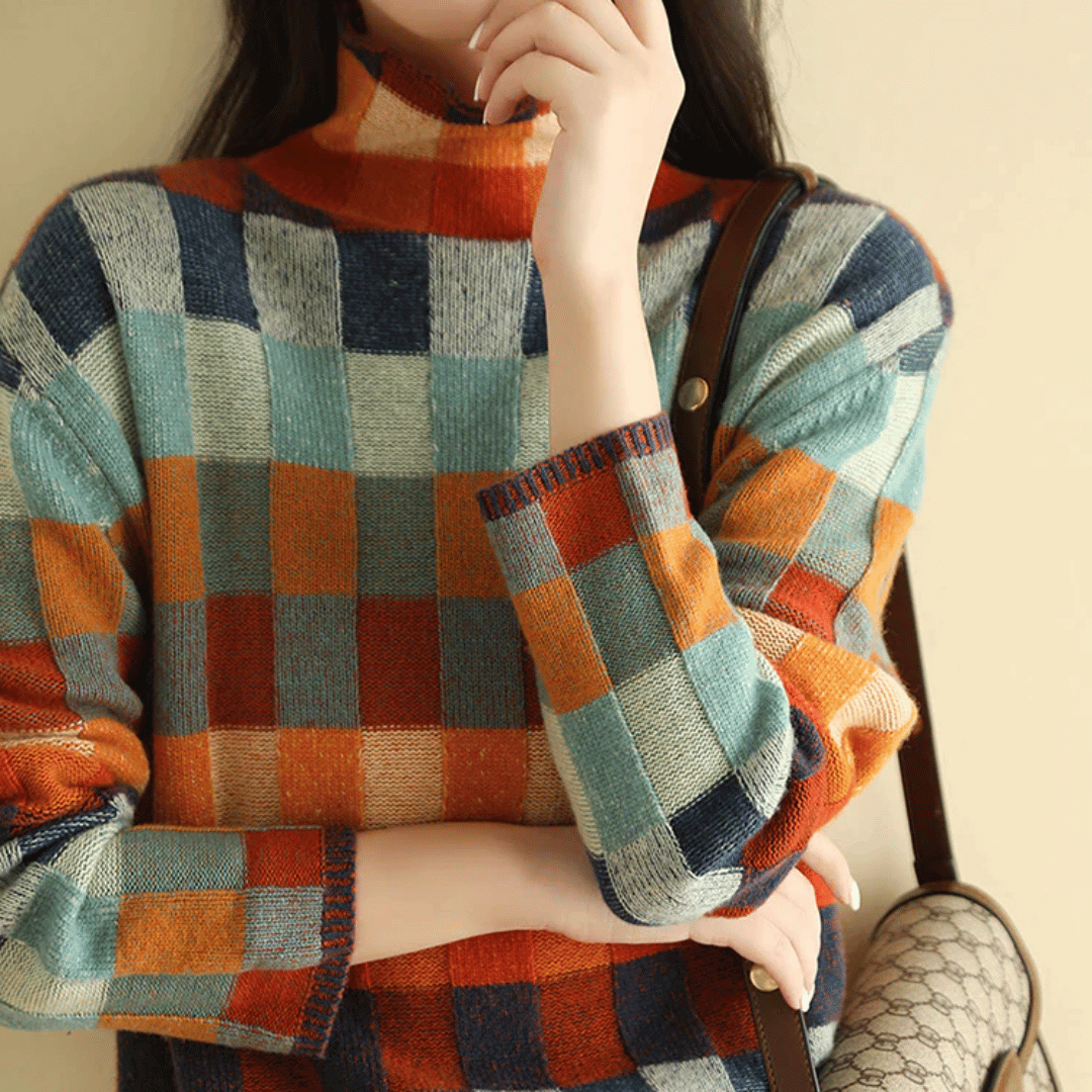 Pull damier col roulé pour femme, vue 3