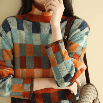 Pull damier col roulé