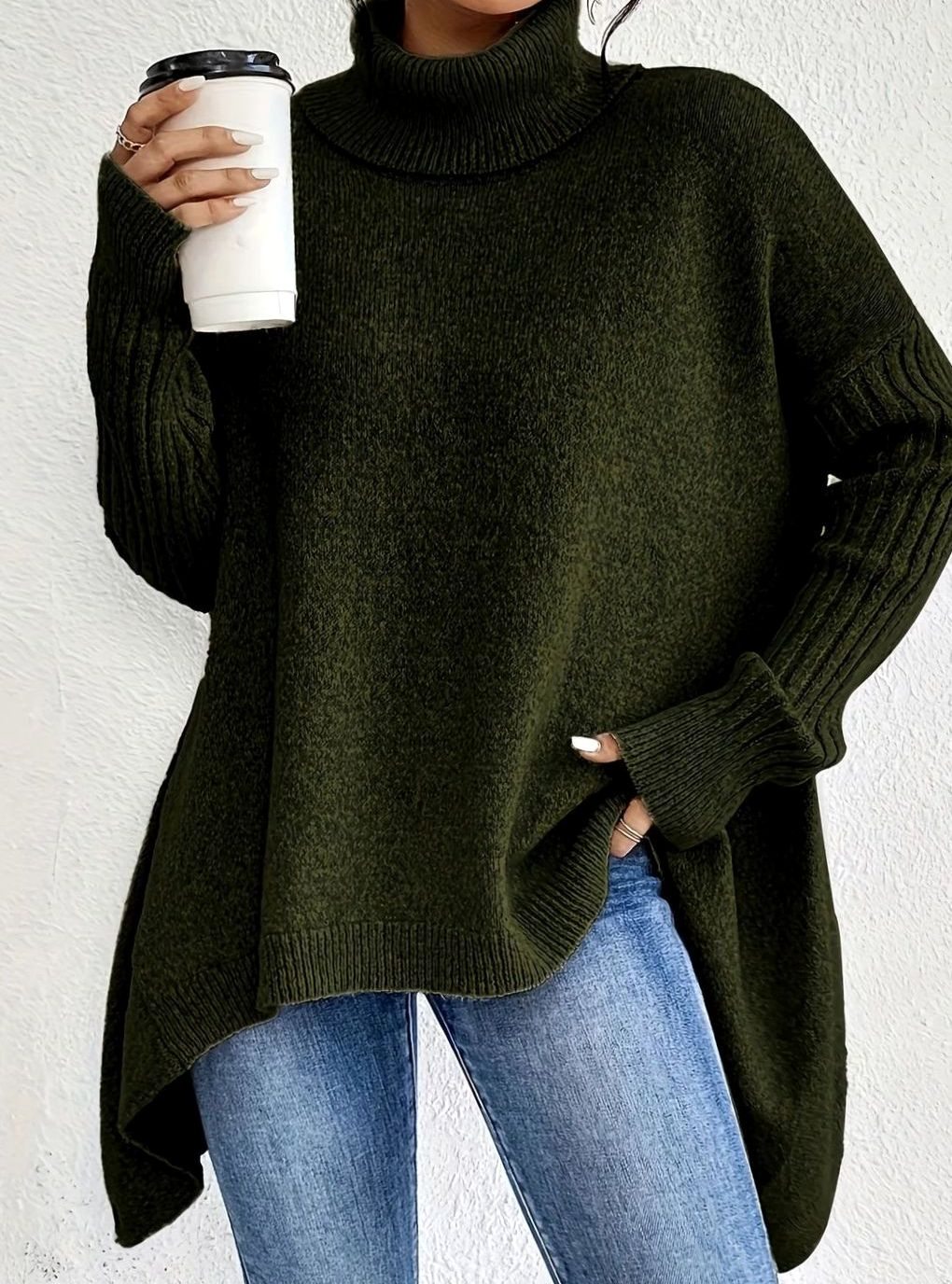 Pull long col roulé pour femme, coloris vert foncé