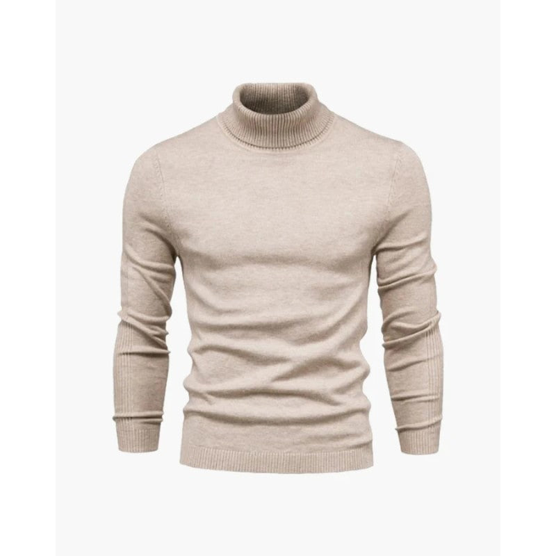 Pull col roulé maille fine, coloris beige, présenté à plat