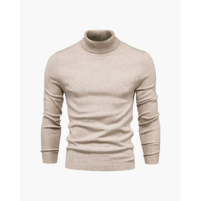 Pull col roulé maille fine, coloris beige, présenté à plat