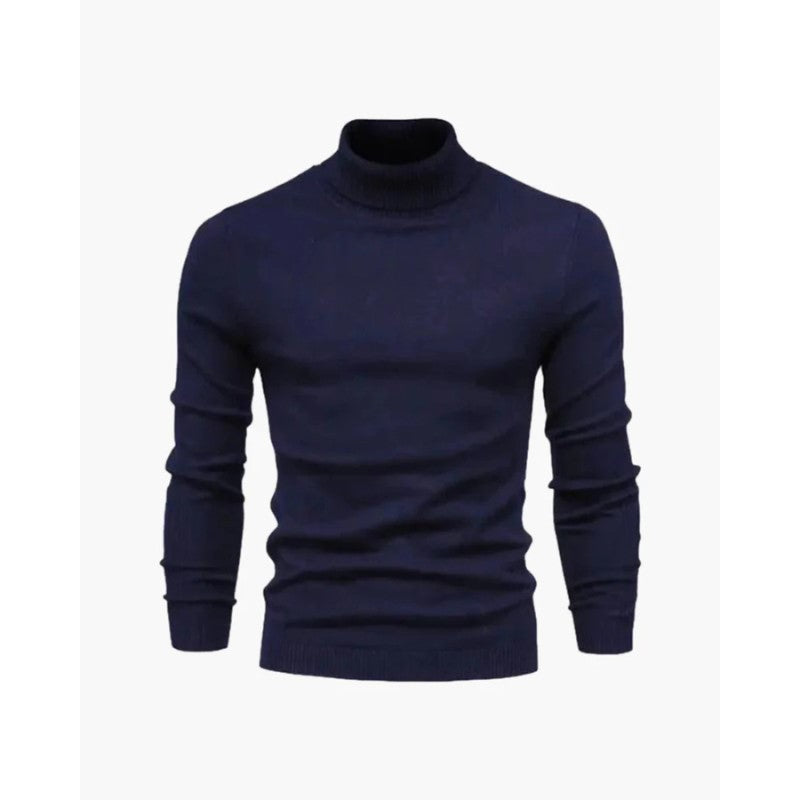 Pull col roulé maille fine, coloris bleu marine, présenté à plat
