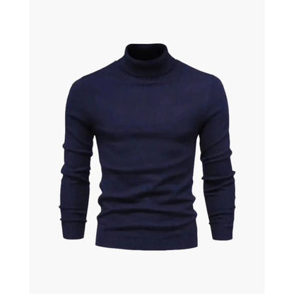 Pull col roulé maille fine, coloris bleu marine, présenté à plat
