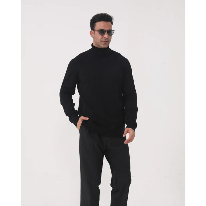 Pull col roulé maille fine, coloris noir, porté en tenue, vue 2