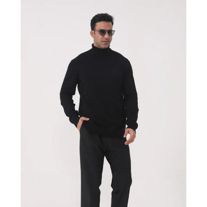 Pull col roulé maille fine, coloris noir, porté en tenue, vue 2