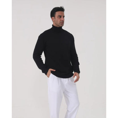 Pull col roulé maille fine, coloris noir, porté en tenue, vue 3