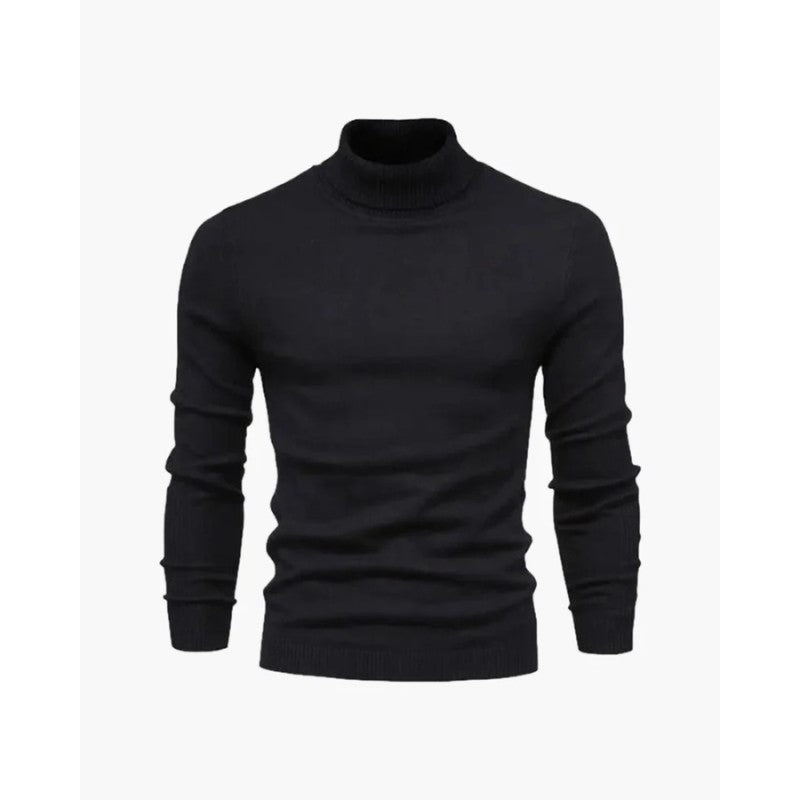 Pull col roulé maille fine, coloris noir, présenté à plat