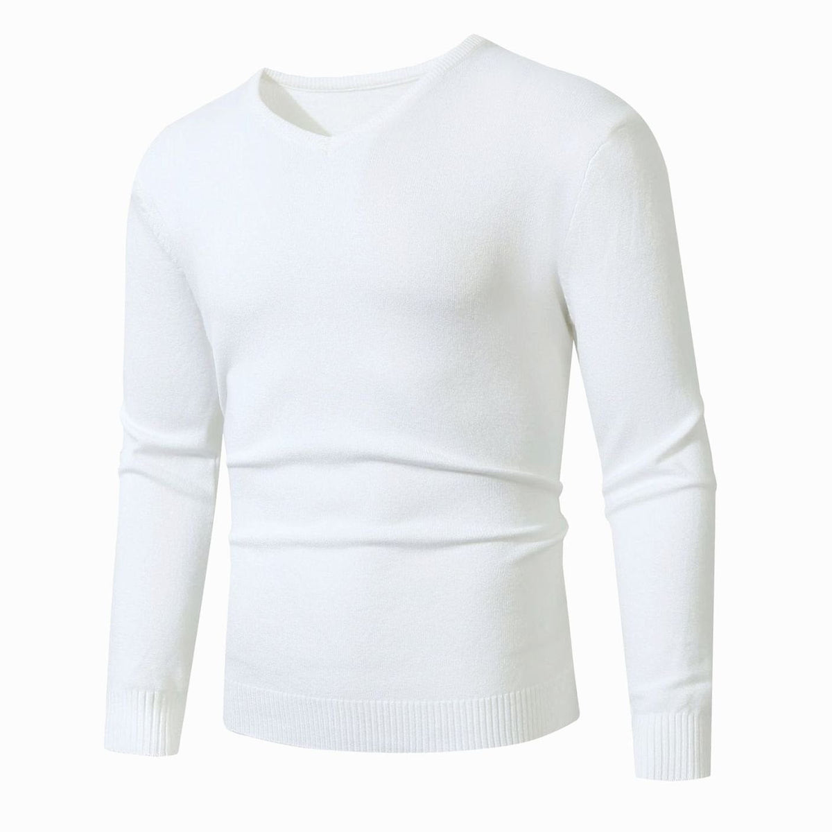 Pull col V homme blanc à plat, vue de trois quarts